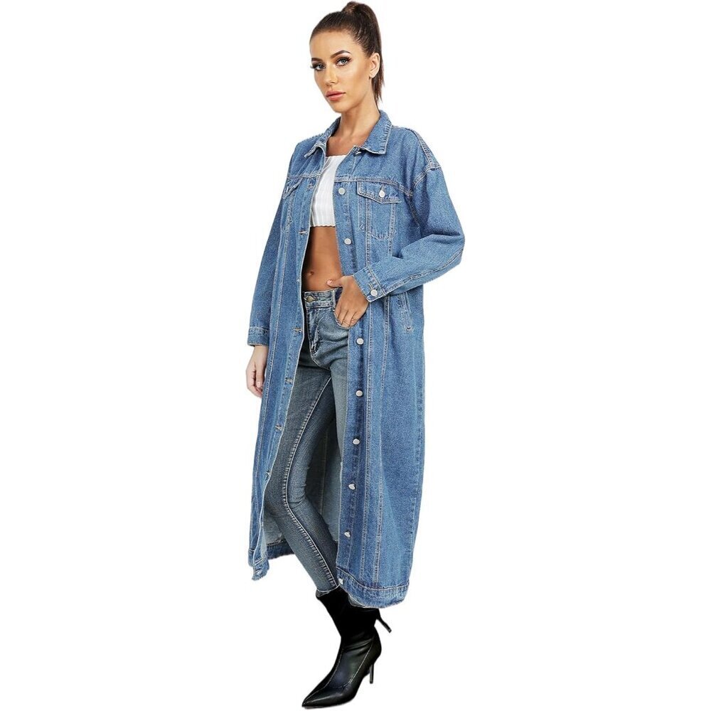 Plus Size Denim Trench Coat Women's Long Sleeve Button-Down Overknee - Picture 6 of 6